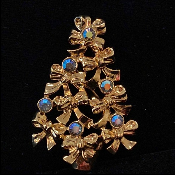 Avon Jewelry - Avon Gold Bow Tree Brooch with Iridescent Blue Gems